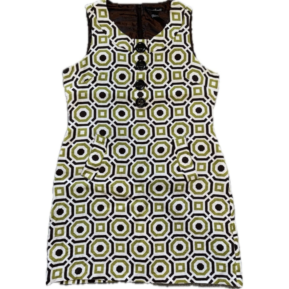 Willi Smith Green Earth Tone Geometric Patterned Fitted Mini Dress
